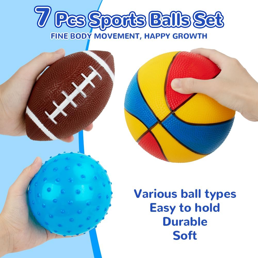 Balls for Toddlers 1-3,Toddler Sports Toys,Set of 7 Kids Ball Soft Foam Baby Sports Balls- Soccer Ball Basketball Baseball Rugby Bounce Ball