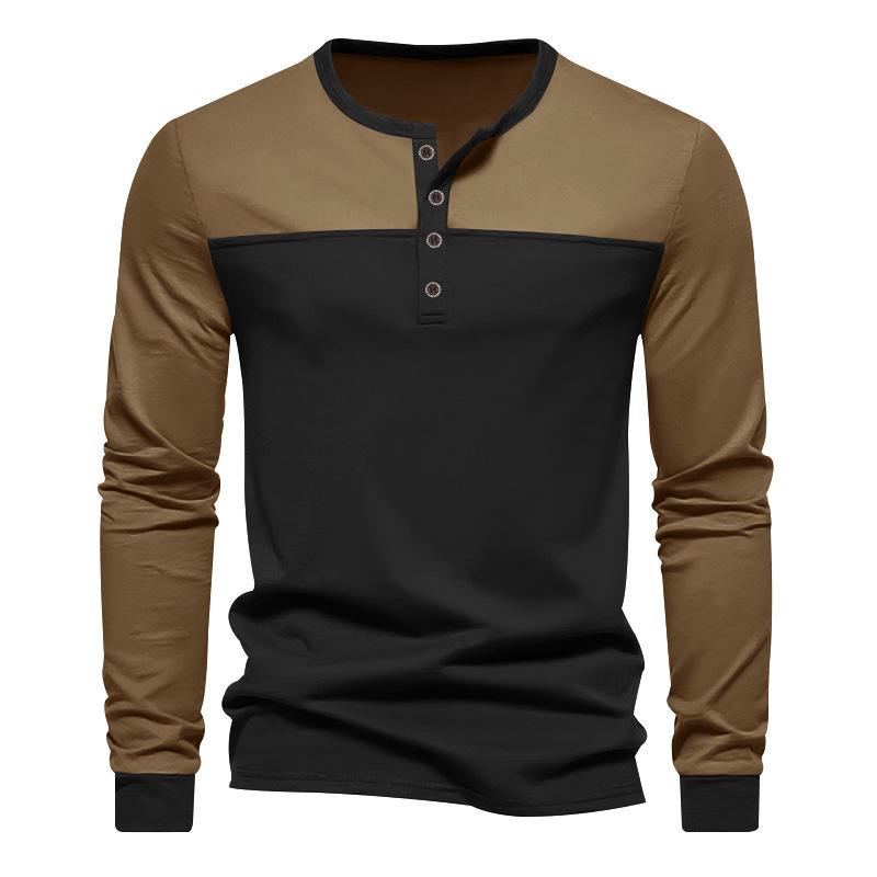 Men's Autumn New American Retro Long-sleeved Colour Blocking Henry Collar Bottoming Shirt Men's T-shirt
