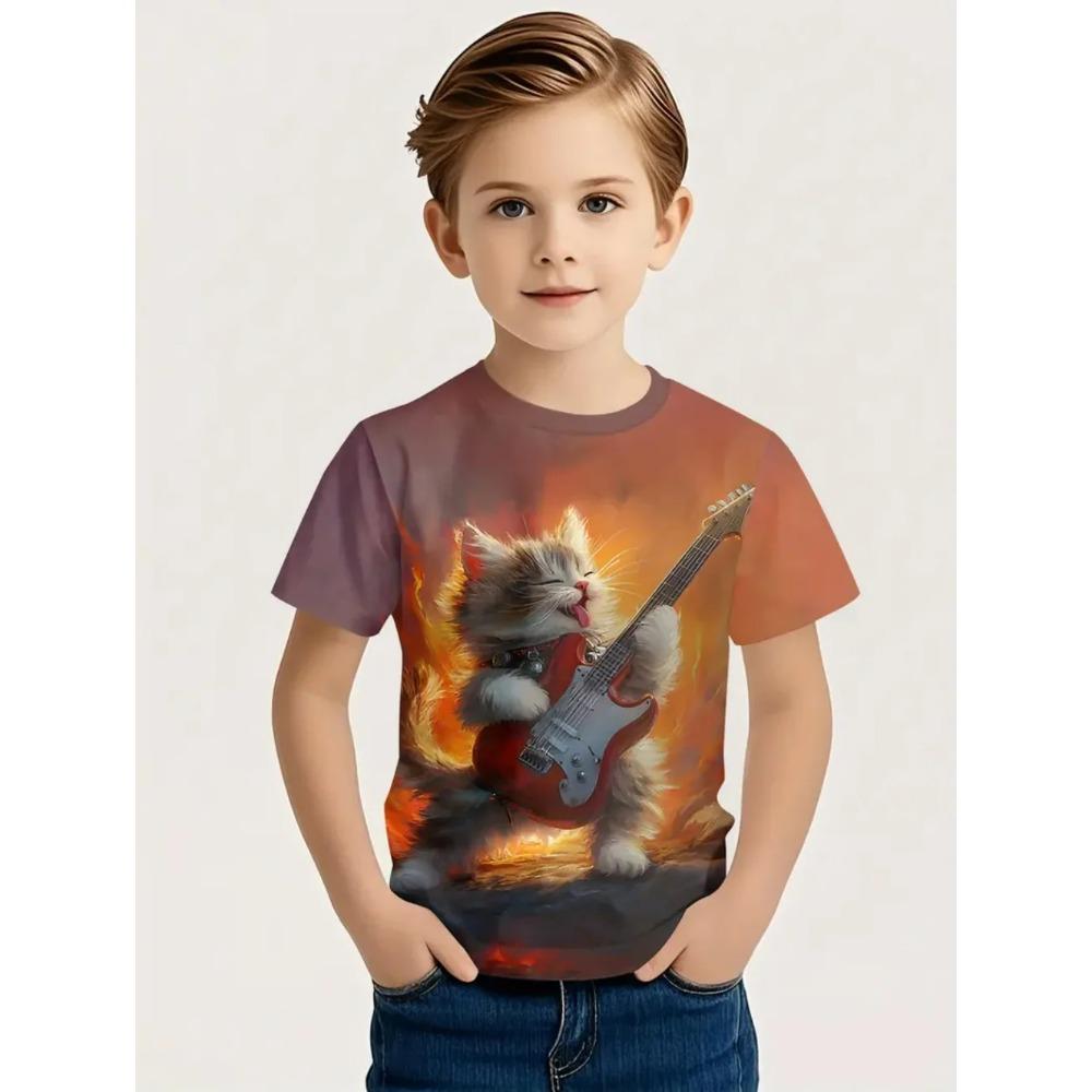 Hip Hop Cat Boys T-Shirt Cute 3D Print Summer Short Sleeve Round Neck Casual Kid Top Comfortable Soft Breathable T-shirt