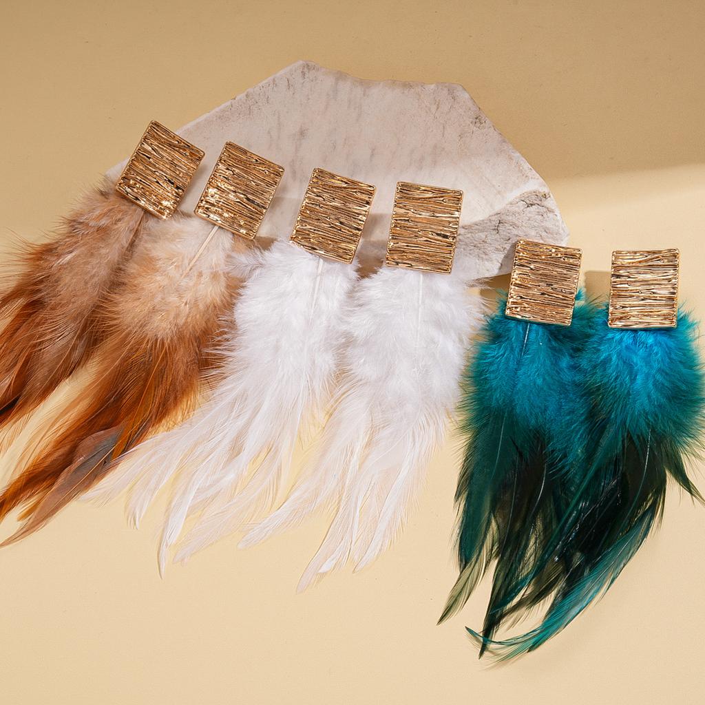 European and American exaggerated feather fringed square silver needle earrings Bohemian retro niche earrings