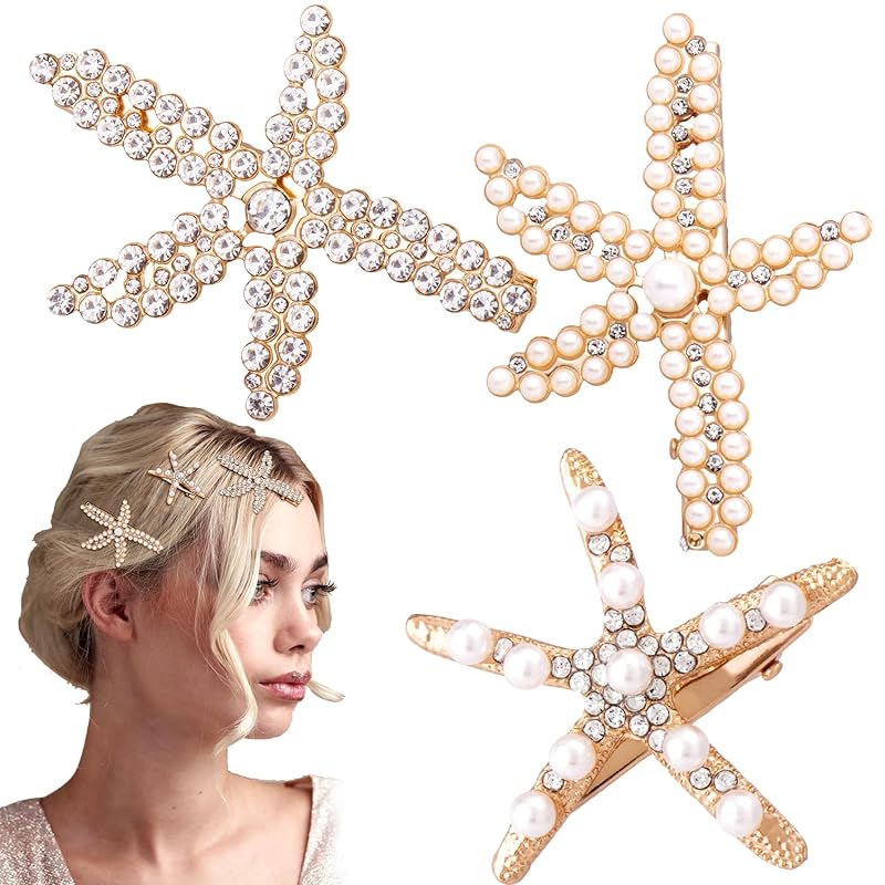 3 PCS Starfish Hair Clips, Gold Rhinestone Pearls Hair Pins, Sea Star Hair Barrettes, Mermaid Hair Accessories, Pearl Crystal Wedding Headpiece for Gold, 3pcs, 3 styles-1