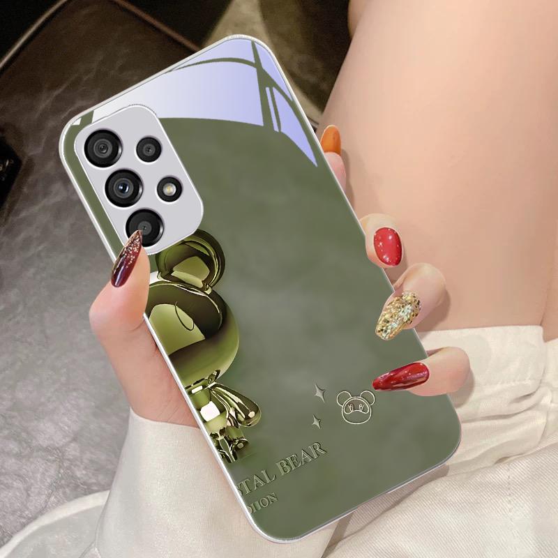 Crystal Metal Bear For Samsung Galaxy S10 4G S20 11E 30 S21 21Fe 22 S24 Pro S23 Ultra 5G S8 S9 Tempered Glass Phone Case