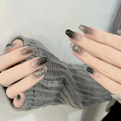 24 Stück Dunkel Mysteriös Wischfarbe Tragen Rüstung Farbverlauf Französisch Herbst und Winter Weiß Falscher Nagel Fertig 24 Stück
