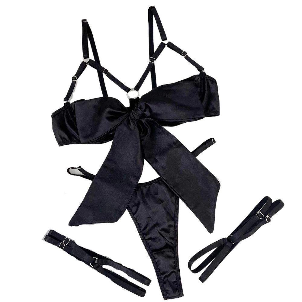 Hollow Out Underwear Three Piece Set Bow Women Lingerie Set Comfortable Satin Silk Bra Suit  Home