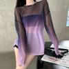 Summer Hollow Backless Strap T-shirt Thin Gradient Ice Silk Loose Sunscreen Clothing Vintage Goth Women Shirts Sexy Tops