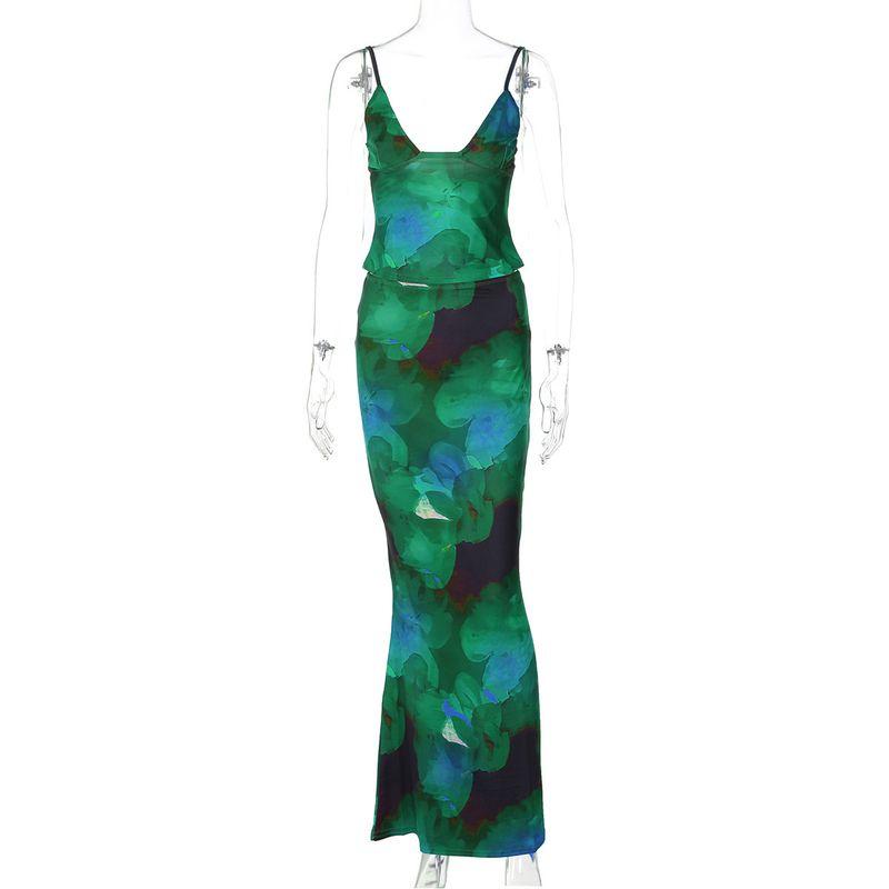 

Printed Sexy V-neck Tank Top Skirt Set Printed V-neck Vest Skirt Suit Green M