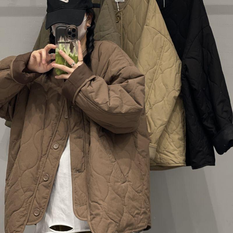 Vintage loose casual cotton-padded jacket winter light round neck rhombus top women's trend