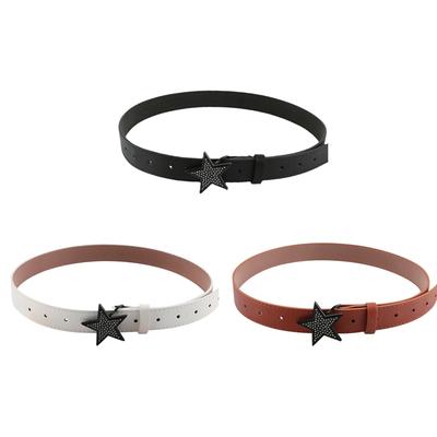 Women PU Leather Belt Star Decoration Solid Color Belt 103cm