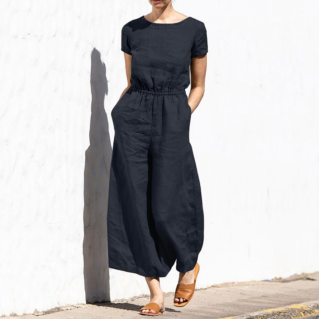 Women's Fashion Loose Casual Solid Color Linen Short Sleeve Temperament Wide-leg Long