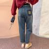 Winter pear-shaped body large size velvet Harlan jeans women's fat mm thin radish pants high waist thickened pants