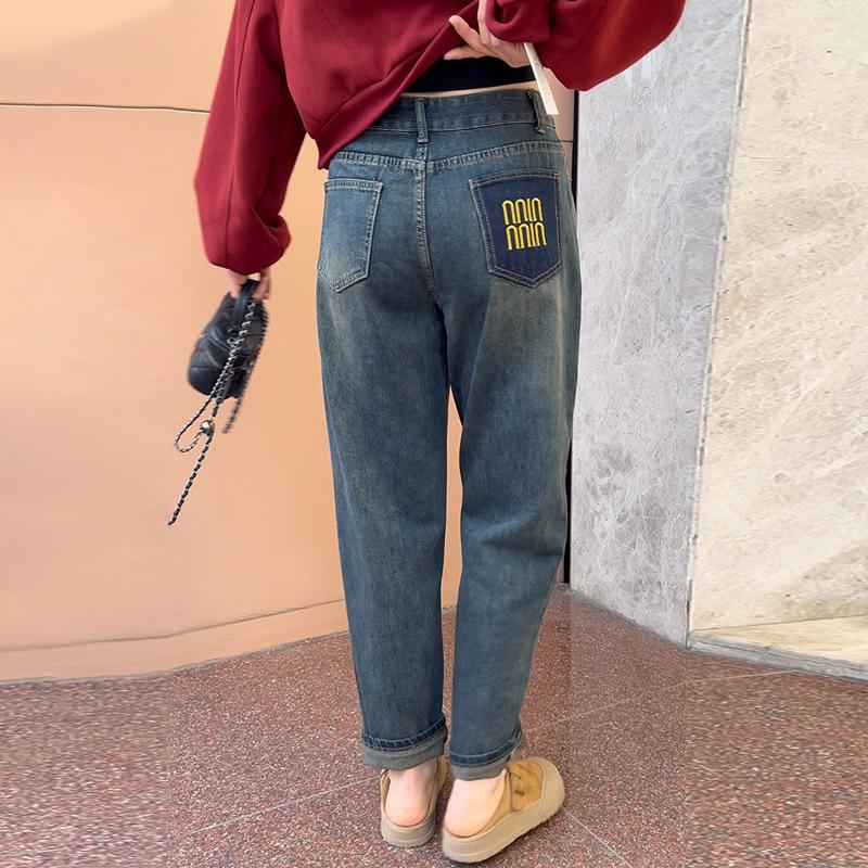 Winter pear-shaped body large size velvet Harlan jeans women's fat mm thin radish pants high waist thickened pants
