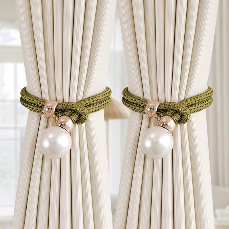2Pcs Pearl Curtain Tiebacks, Curtain Pearl Tiebacks, Decorative Fixings, Rope Curtain Tiebacks No Punch Adjustable Pull-Outs