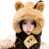 Thick Warm Lining Fox Ear Hat Scarf Faux Fur Plush Winter Scarf Hooded Scarf Set  Cold Weather