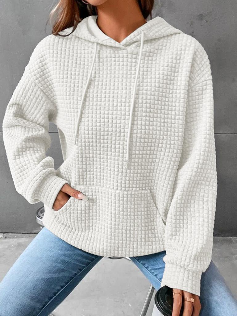 2025 New Women's Loose Hooded Long-sleeved Stitching Sweater Leisure Versatile Round Neck Solid Color Waffle Knit Hoodie