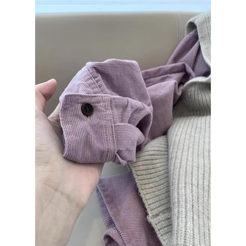 Casual Loose Corduroy Long Sleeve Pure Color Shirt Lapel Top Clothes