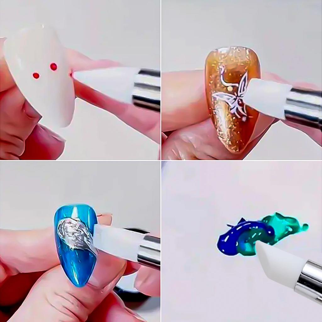 5Pcs/Set Pink Dual Ended Rhinestone Nail Art Silicone Pen Sculpture Pen/3D Flower Carving/Dotting Nail Tool Manicure Brush