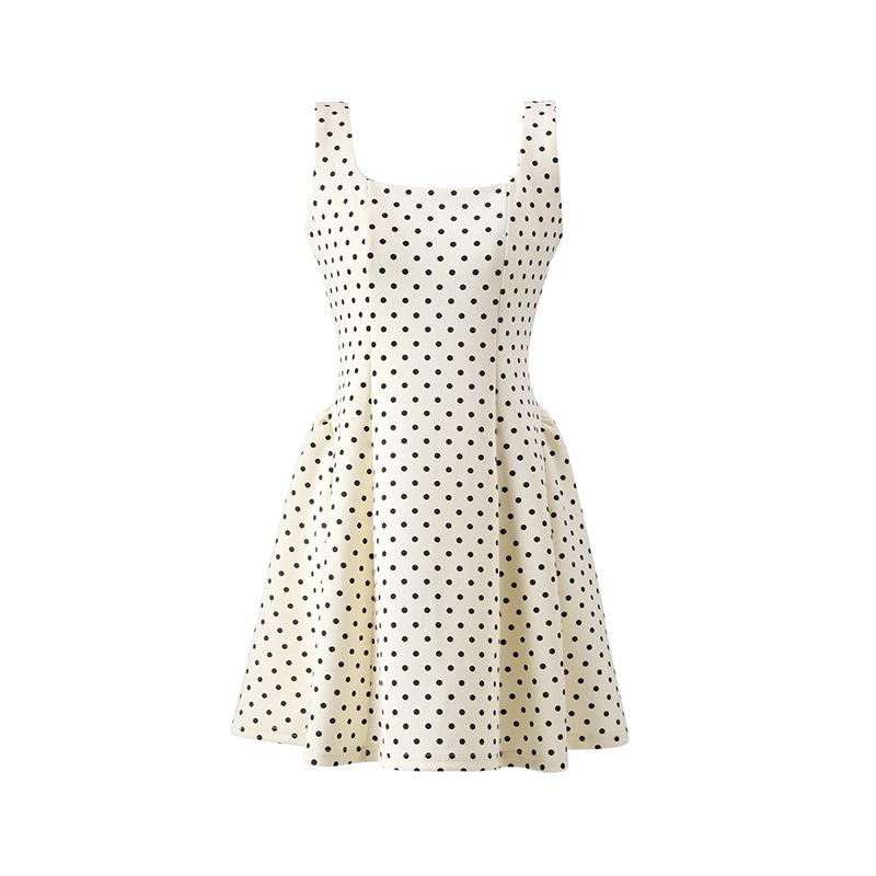 Damen-Frühjahrs-Pünktchen-Spaghettiträgerkleid - Weiß, Tailliert, Figurschmeichelnd, Petite Passform