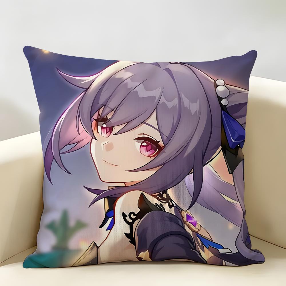 Keqing Genshin Impact Cushion Cover Natural Linen Organic Fabric DoubleSided Printing Room Sofa Decor Pillow Case