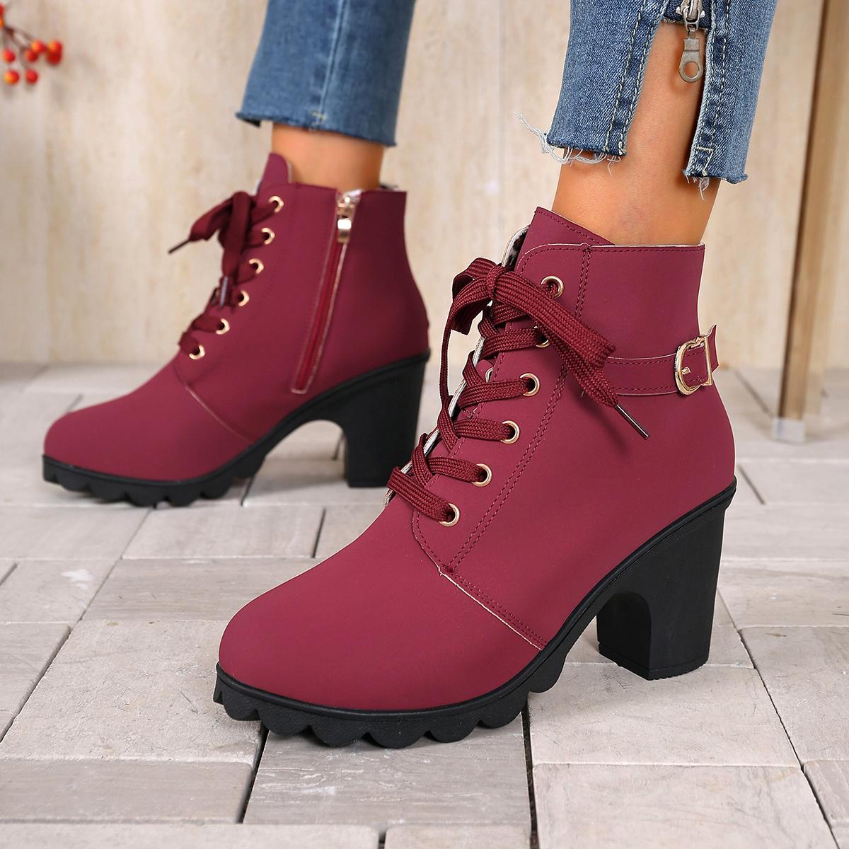 

Модные женские ботильоны Весна Зима Высококачественные ботинки На шнуровке Роскошная обувь Женские Удобные Уличные Ботинки на высоком каблуке Женские 41 вино красного