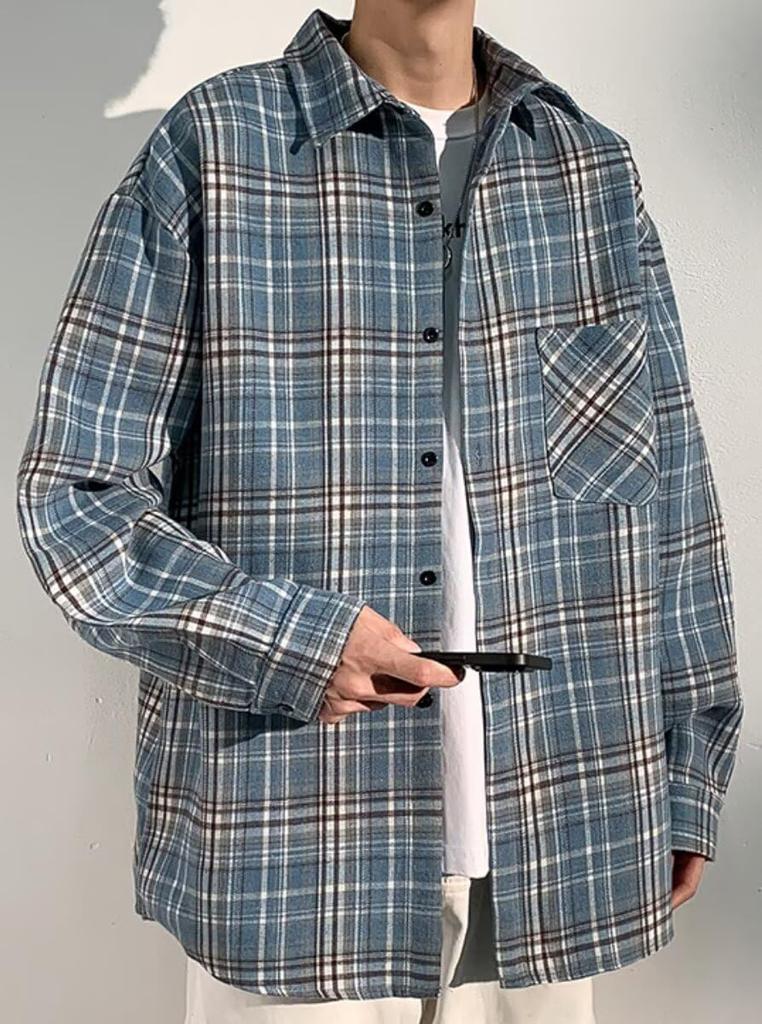 Bligo Loose Fit Plus Spring Korean Check Stylish Street Perfect for Office or Any Men's Shirt, Sizes, Pattern, Casual, Top, Style, Thick, Casual,