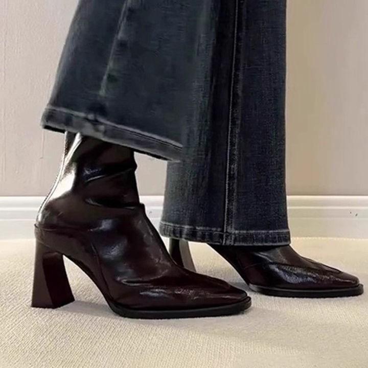 2025 new thick heel short boots pointed rear zipper elastic retro fashion high heel and bare boots pointed thin boots
