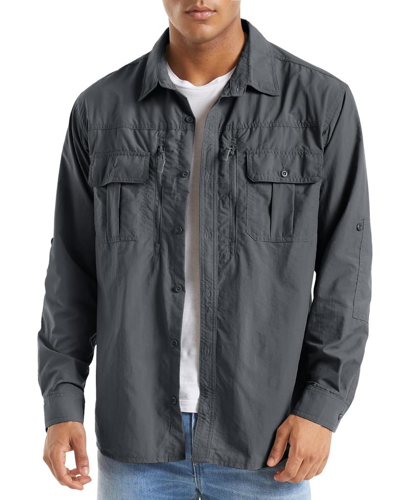 KEFITEVD Military Summer Cool Outdoor Collared Work Shirt with Chest Long Dark for and Men's Shirt, Pocket, Sleeves, Gray, XL, Hiking, Trekking,