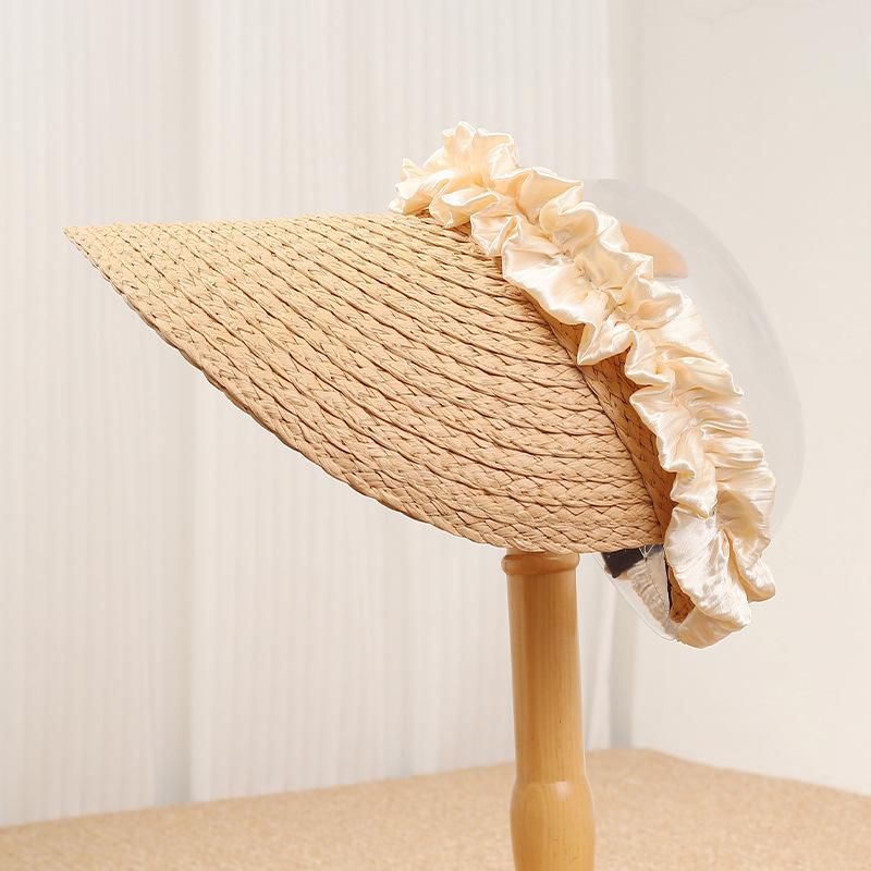 New pleated ribbon empty top sun hat women's spring summer weaving outdoor seaside sun protection and UV protection sun hat