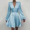 Beach Spring Satin Satin Satin V Neck Elegant Silm Dress Women's Fashion New Design Sense Lantern Sleeve Skirt
