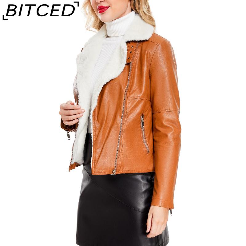 BITCED Autumn/Winter Faux Fur-Lined Leather Jacket for Women with Fleece Lining, Long Sleeves, Warm Coat, Casual Style