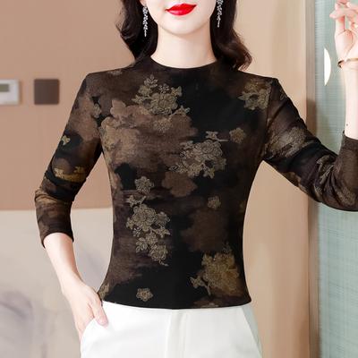 Mittelalte Mutter Retro Bedrucktes Mesh Langarm-T-Shirt für Damen Im Herbst Plüsch Innenhemd Basisoberteil