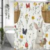 Spring Easter Bunny Shower Curtain, Cute Bunny Floral Botanical Watercolor Flower Bathroom Shower Curtain Holiday Bathroom Tub D