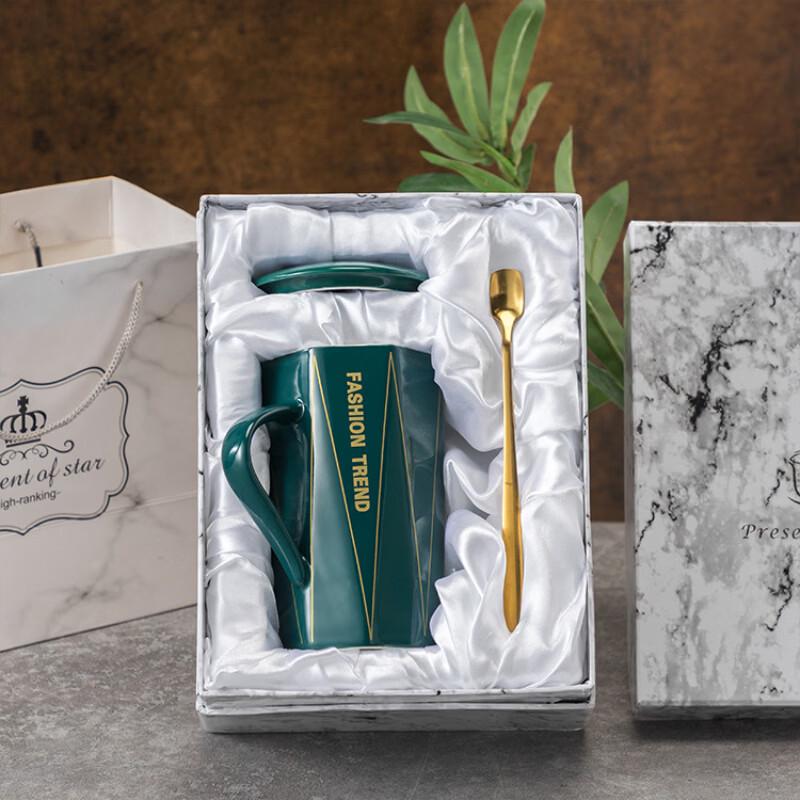 Geometric Ceramic Couple Mug with Lid and Spoon