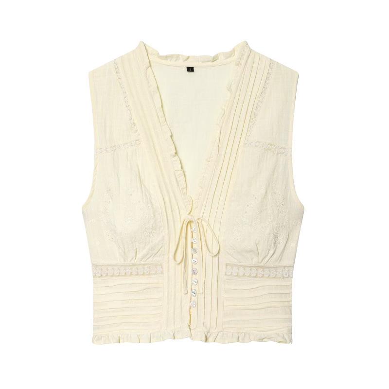 2026 Spring European & American Style Versatile Embroidered Gauze Top Extra Small светло-желтого