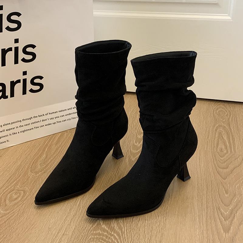 

thick leg boots women s large tube circumferential suede stacking boots high heel Martin boots stiletto short boots large size women s shoes 35