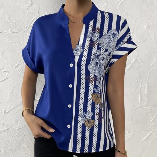 Damen Sommerhemd Lässig Blumendruck Asymmetrischer Streifen Kurzarm Pendeln Stehkragen Einreihig Sommerbluse Damenbekleidung