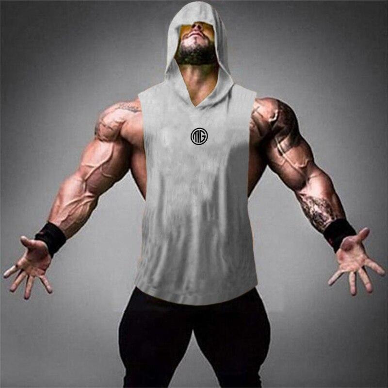 Muscleguys Summer Men's Cotton Breathable Sweat Absorbing Sports Hooded Vest Fitness Loose Sleeveless T-shirt