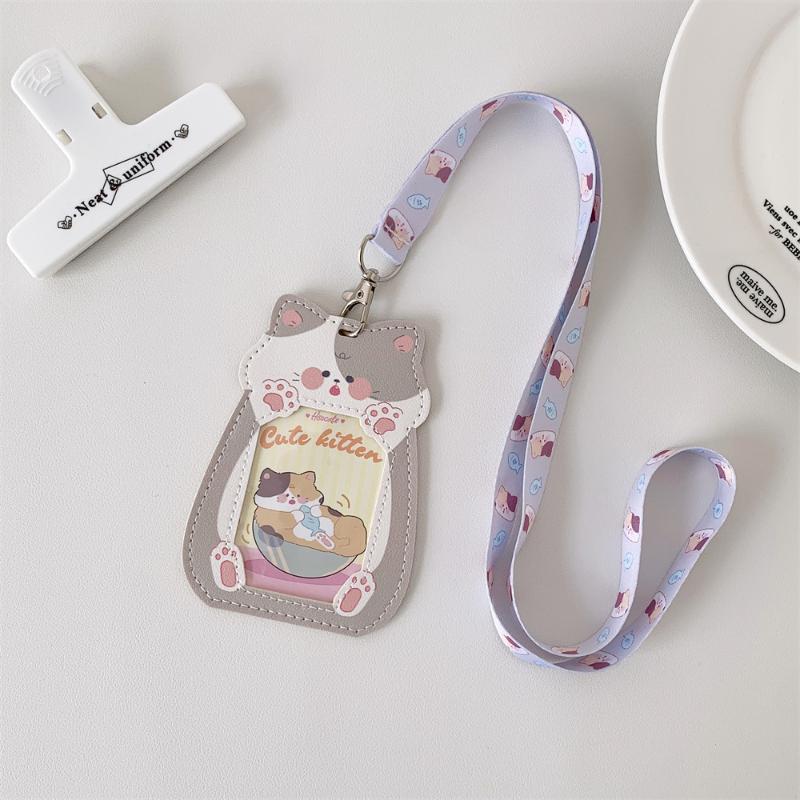 

Cartoon Puppy Cat Leather 3Inch Cards Cover Neck Strap Lanyard Campus Card Holder For Student Lanyard Id Card Holder