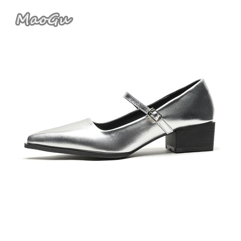 Fashion French Style Silver Black Mary Jane Shoes Pointed Toe Chunky Heel Ankle Strap Dress Shoes for Women Elegant Mid Heel Pumps 34-42