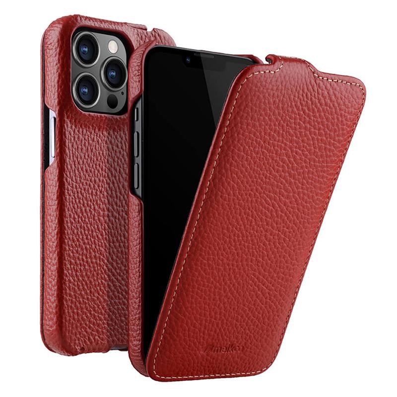 MELKCO For iPhone 13 Pro Max Phone Protective Shell Litchi Texture Genuine Cow Leather+PC Vertical Flip Case