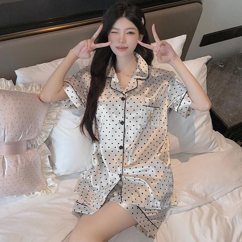 Summer 2 Piece Women Set Short Sleeve Black Tops and Shorts Pajamas Woman Silk Fashion Elegant Luxury Satin Sleepwear Polka Dot Printing Pajama Set