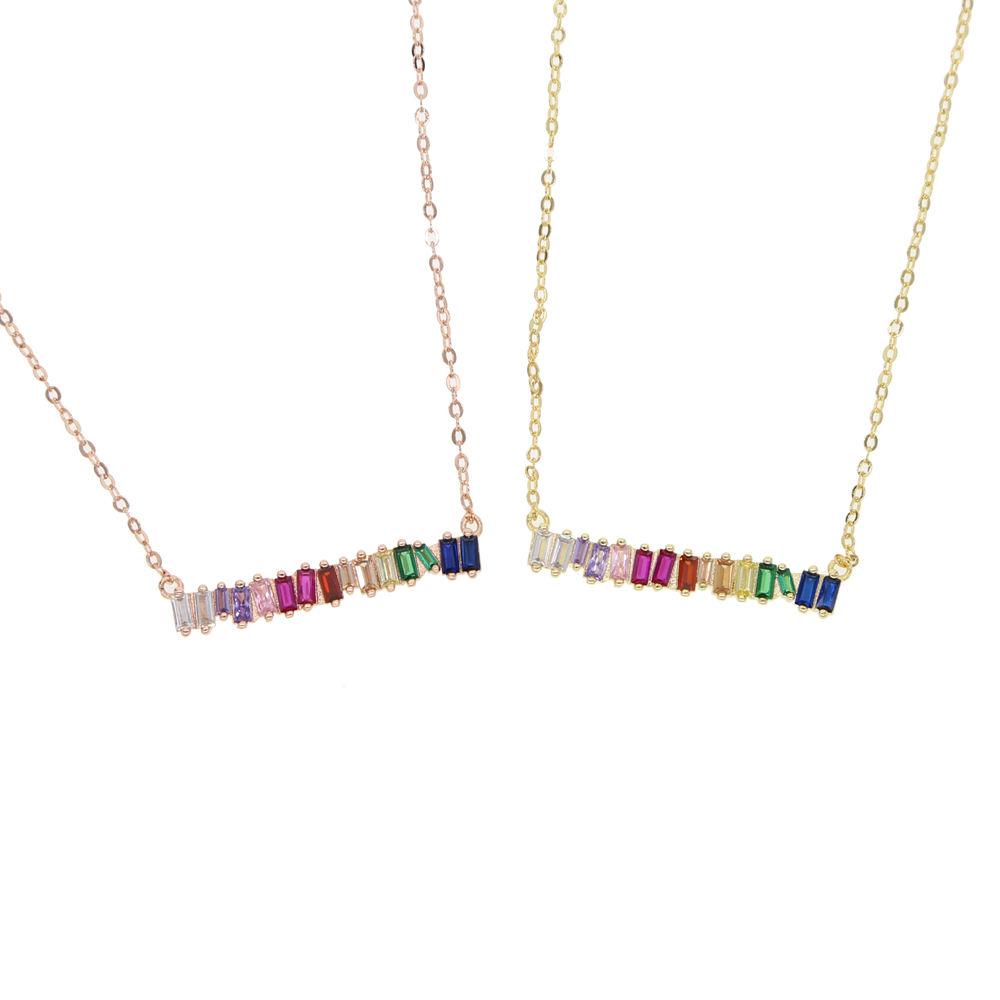 Gold Plated rainbow Rectangle Cubic Zirconia Cz Stick bar Pendant Fashion European Colorful Cz Geometric Necklace