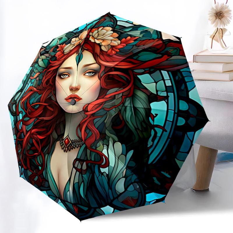 1pz Ombrello Pieghevole Automatico Donna Vetro Colorato, Ombrello Pieghevole Automatico Robusto e Durevole con 8 Stecche, Conveniente per l'Uso all'Aperto147