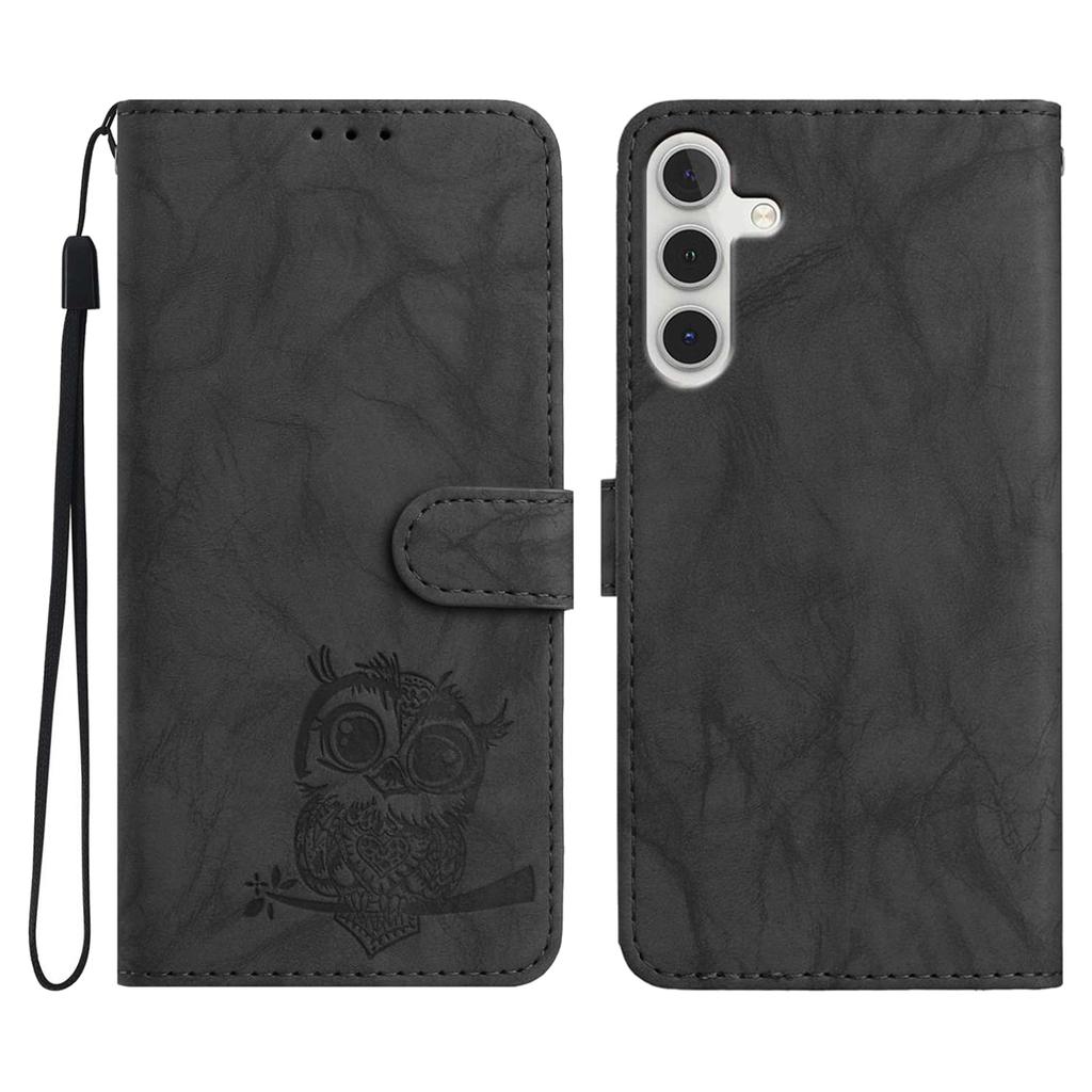 For Samsung Galaxy S25 FE Case Owl Imprinted PU Leather Wallet Phone Cover with Wrist Strap