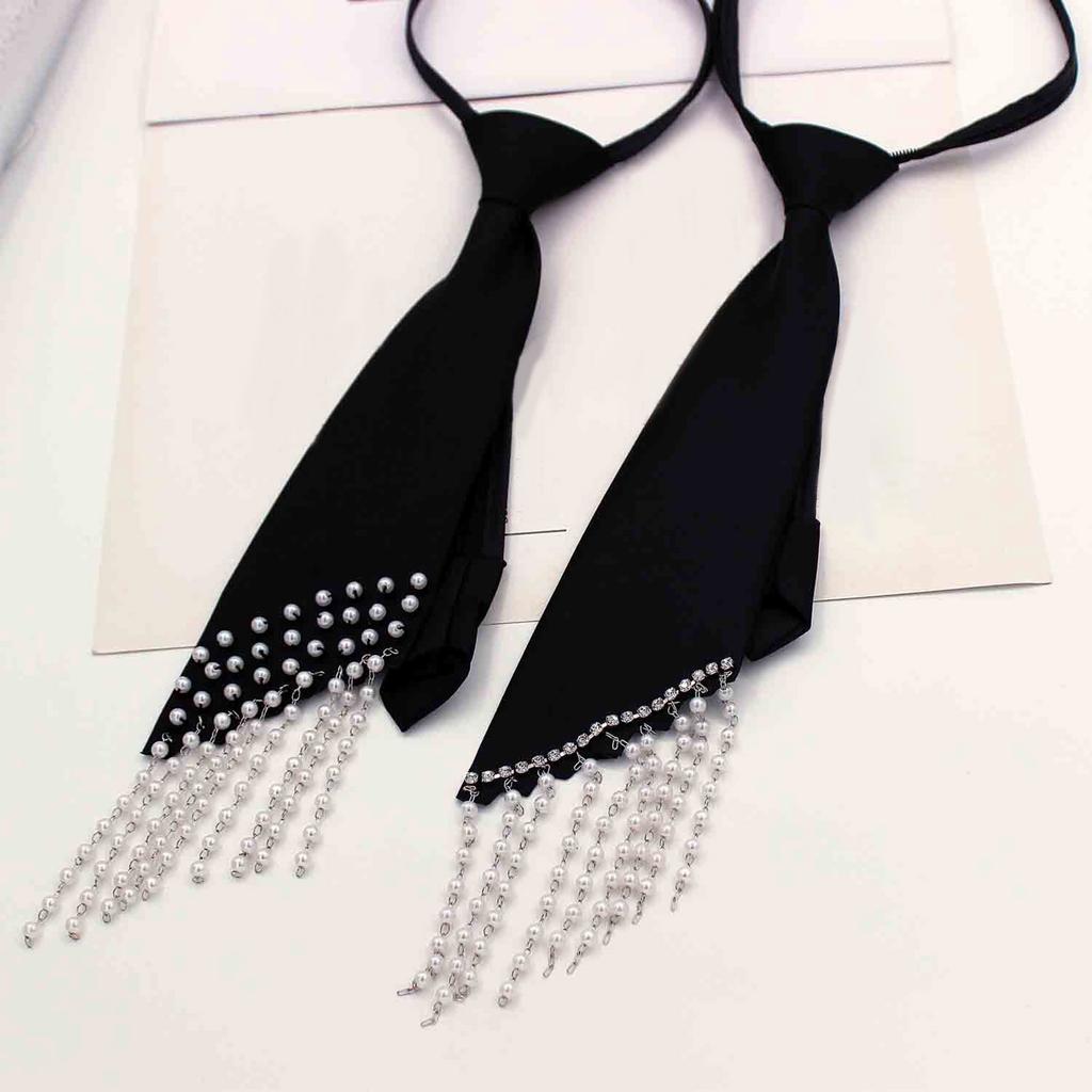 JK Necktie with Rhinestones Fringed for Women Girl Adjustable Neck Tie Collage Student Uniform Nightclub Dress Up Necktie