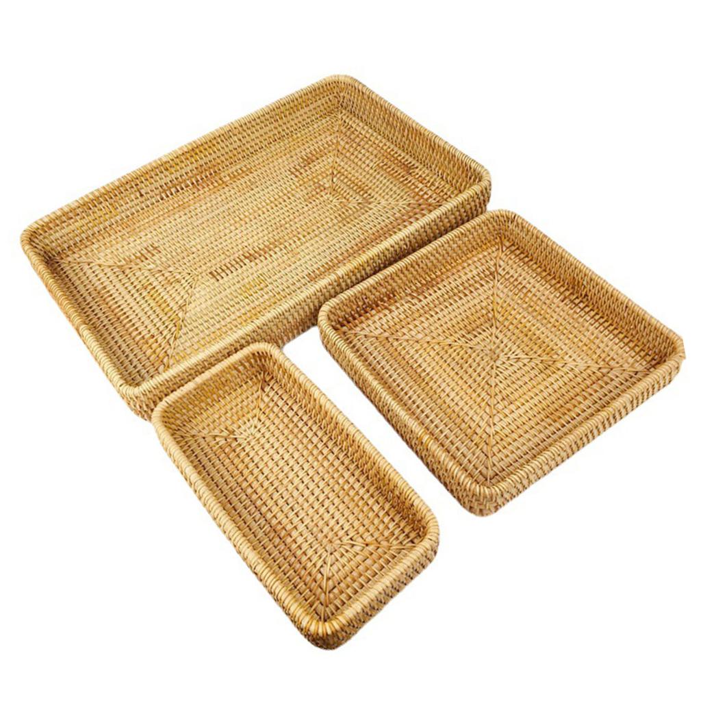 Rattan Tray Tabletop Organization Hand Woven Snack Storage Basket Multifunctional Serving Tray