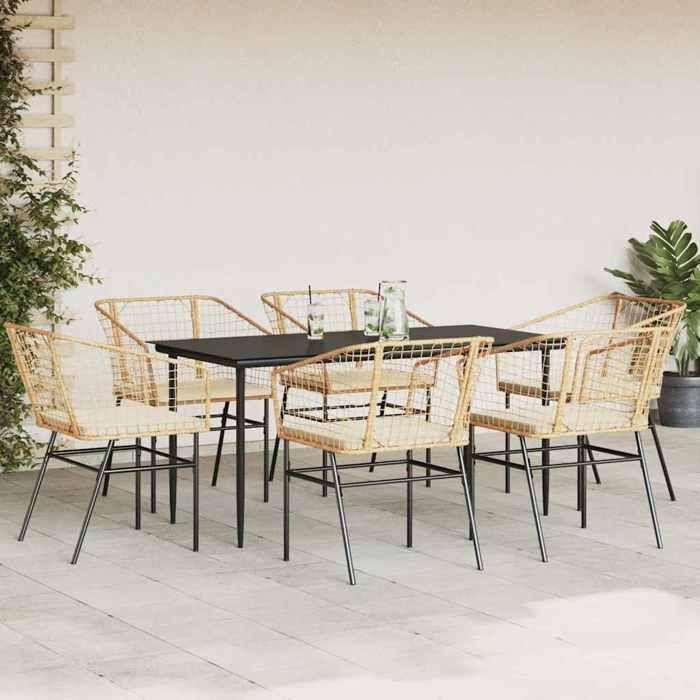 VidaXL Ensemble à manger jardin coussins 7pcs marron poly rotin verre 3334510