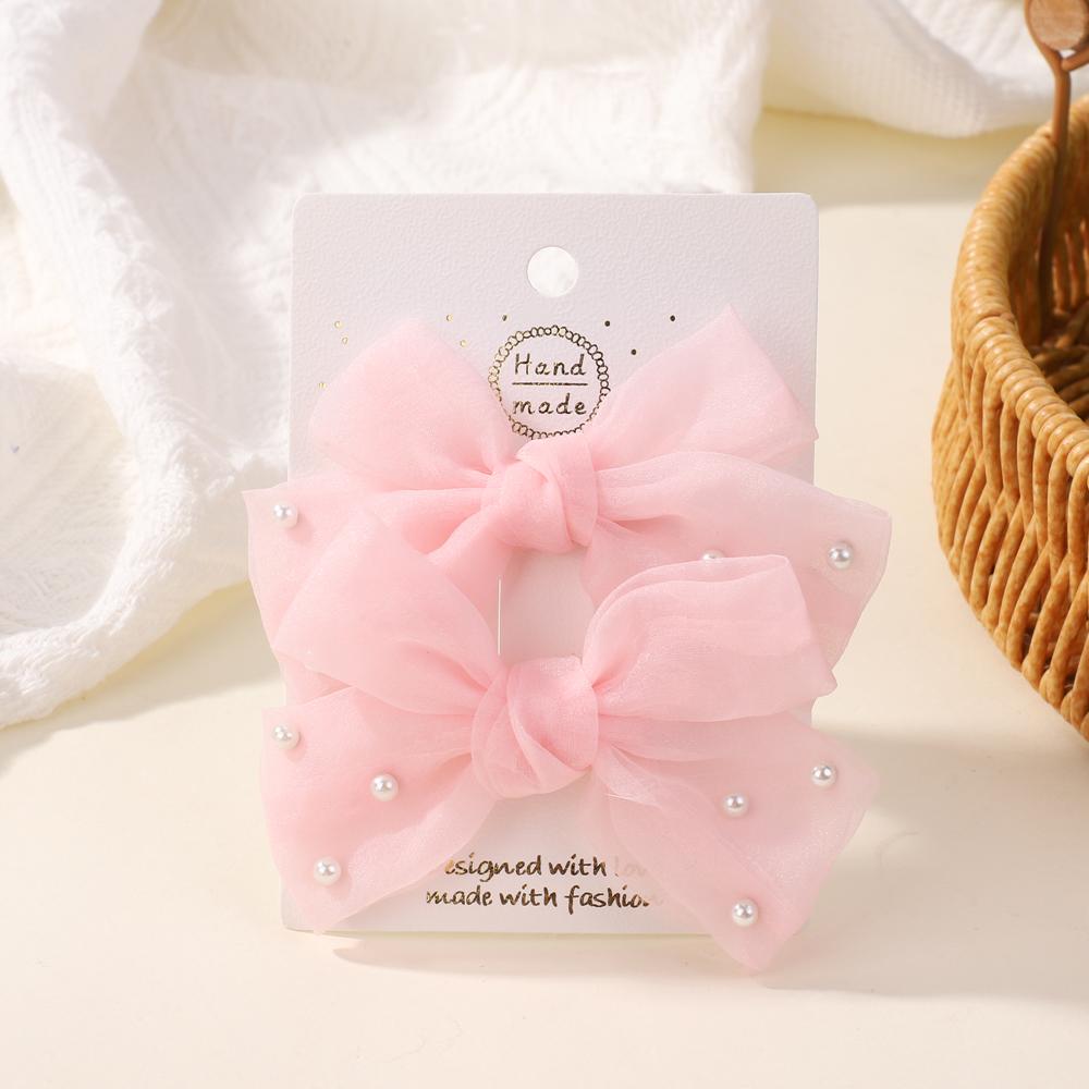2Pcs/Set Pearl Bows Hair Clips Cute Sweet Girls Side Clip Solid Color Hairpin Handmade with Bow Hair Accessories Headdress Gifts