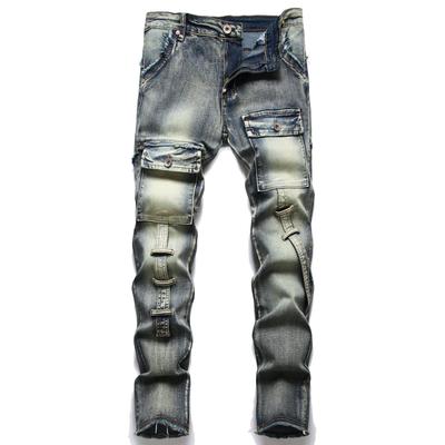 New Nostalgic Ripped Jeans Straight Leg European And American Jeans Men'S Patch Fabric Beggar Personality Pants