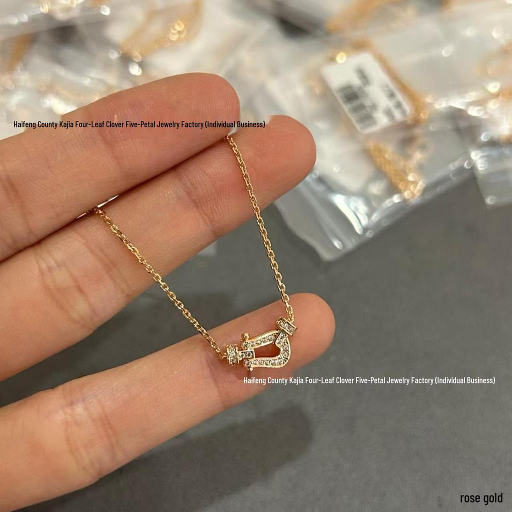 18K Rose Gold Horsebit Necklace with Diamond Inlay for Women