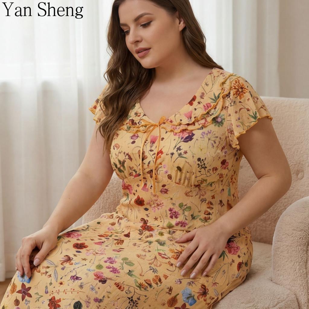 Kadın Pijama Takımı Yazlık Çiçek Baskılı Büyük Beden Kısa Kollu Buz İpeği Bol Uyku Elbisesi Bornoz Ev Giyimi